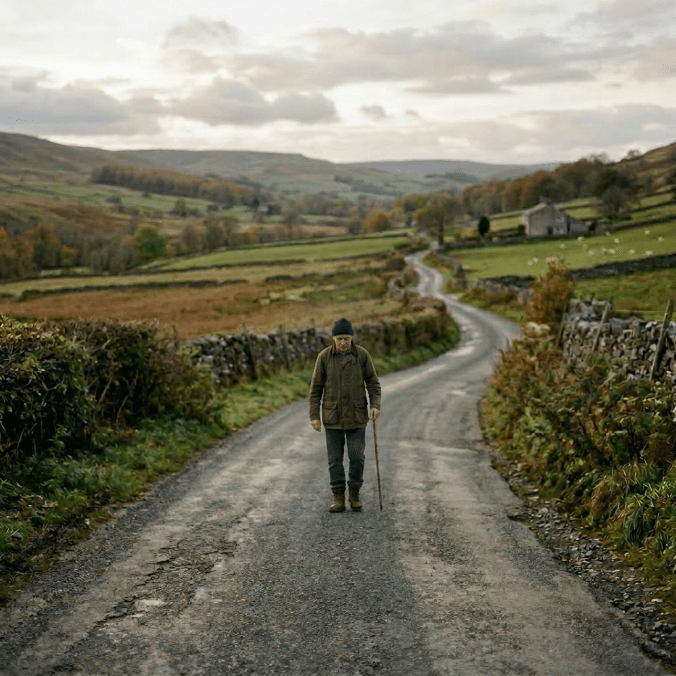 Elderly person walking on rural road with walking stick and backpack