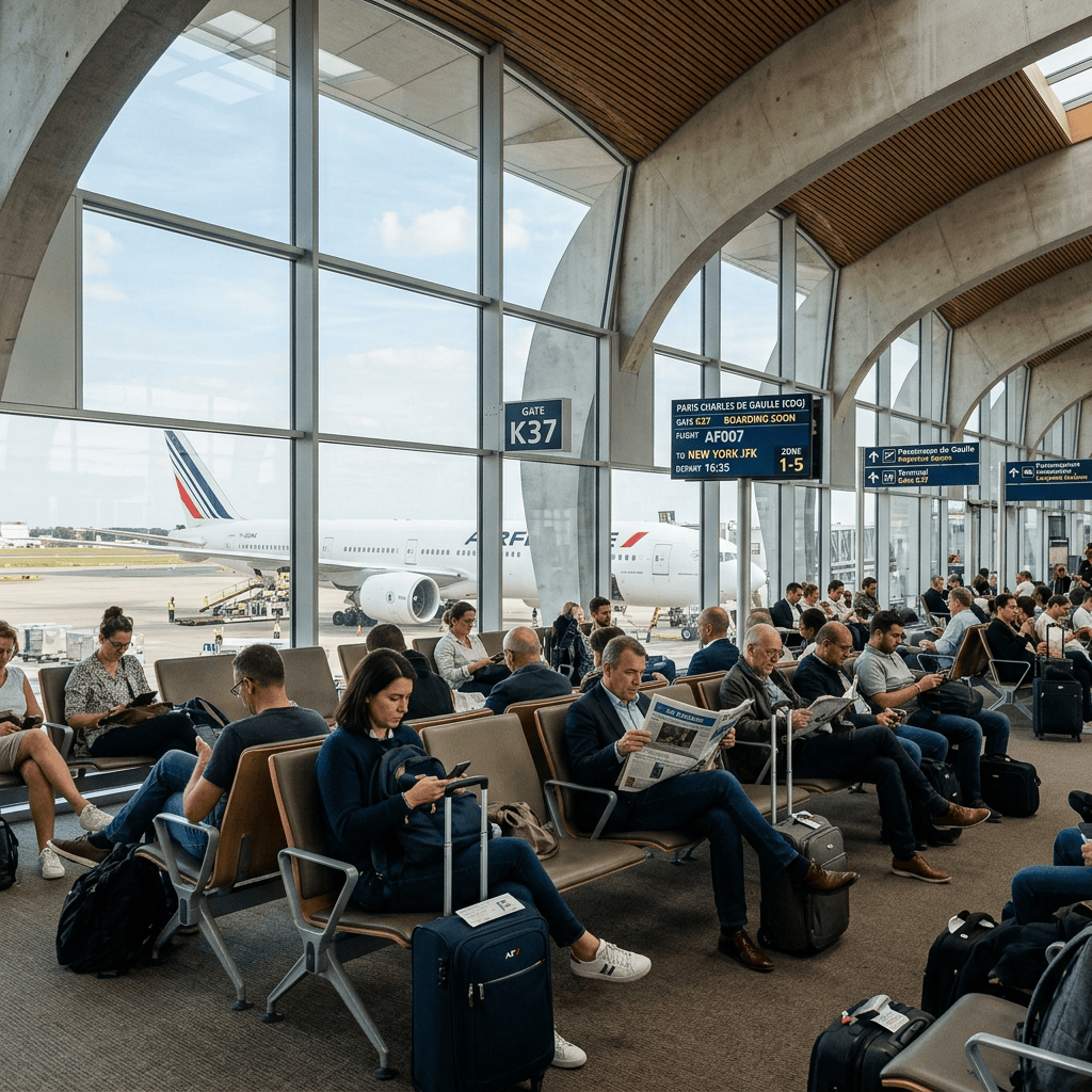 Travelers waiting at Paris Charles de Gaulle Gate K37 for flight AF007 to New York JFK