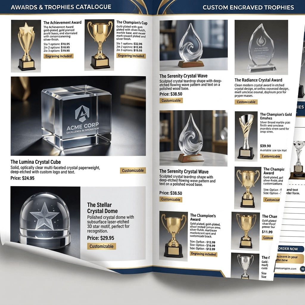 Trophy catalogue pages featuring awards, prices, and custom engraving options